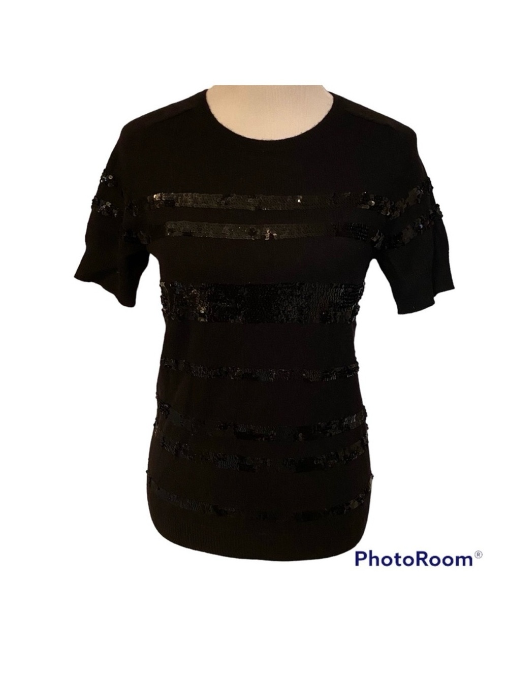 HENRI BENDEL SWEATER CREWNECK BLACK CASHMERE SHORT SLEEVES SEQUINS SIZE L